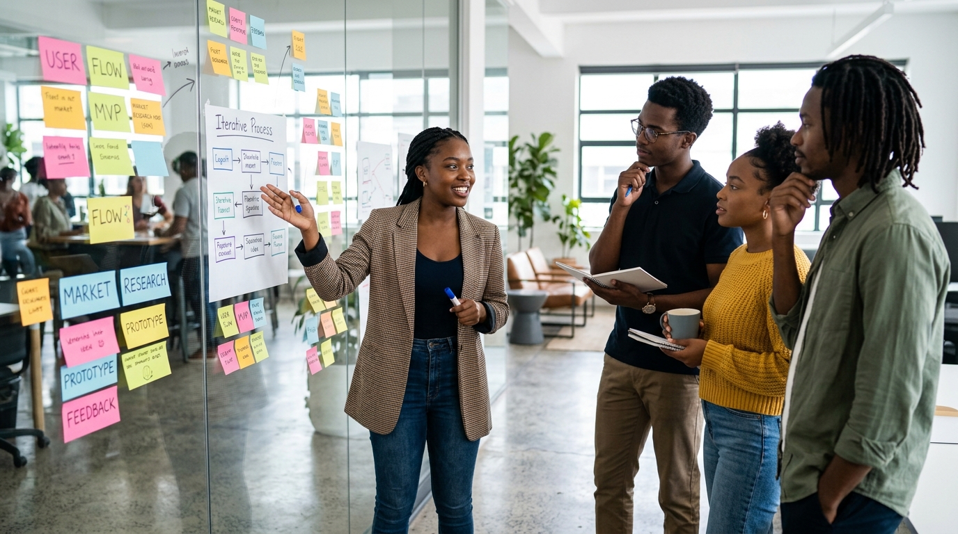 Young African leaders presenting ideas at a workshop wall of notes and diagrams
